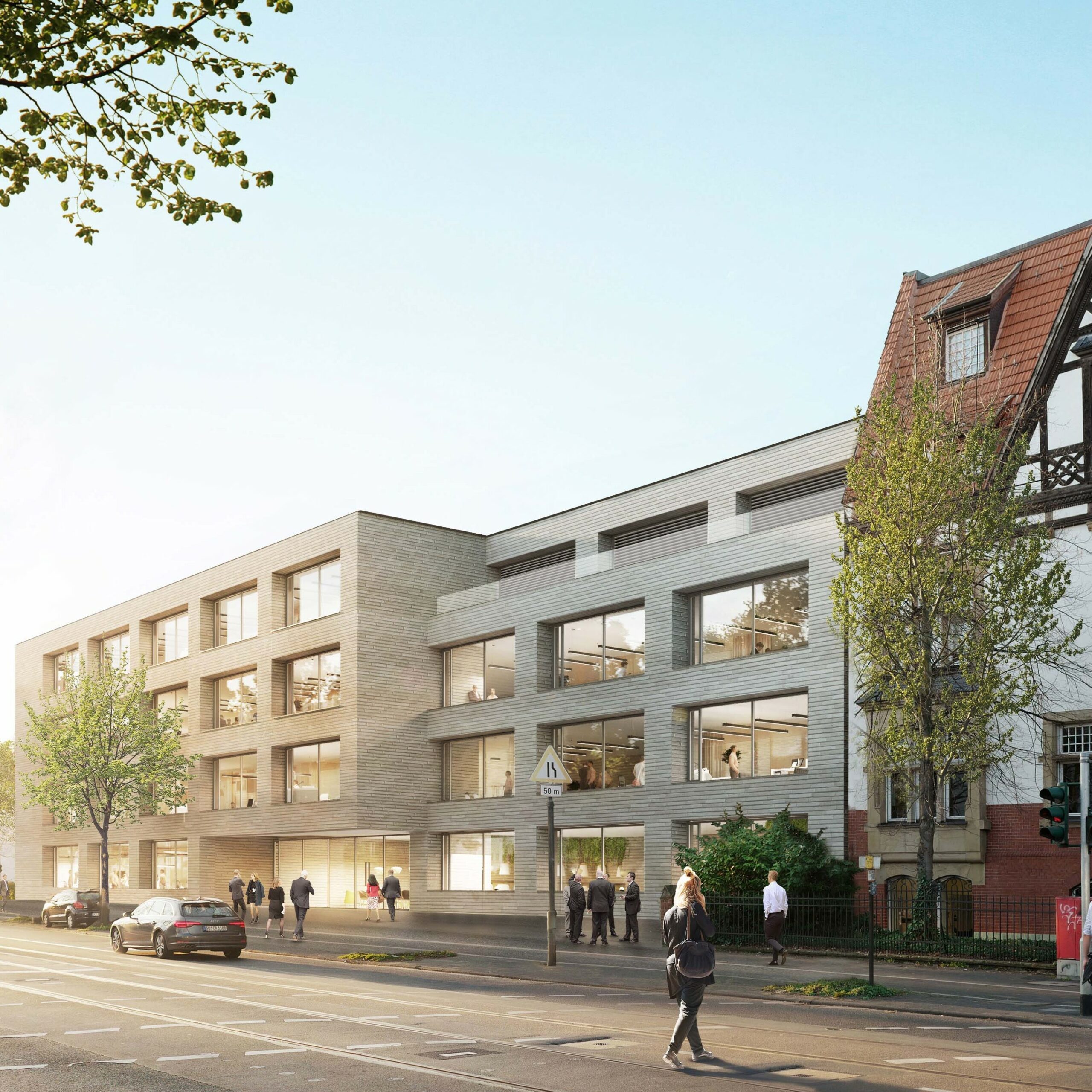 Straßenansicht des neuen mamonova-Gebäudes in Köln-Lindenthal für Brustkrebs-Früherkennung – moderne Architektur im Zusammenspiel mit einer denkmalgeschützten Jugendstilvilla